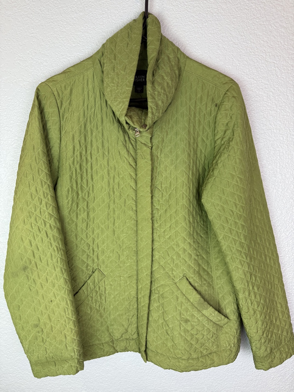 Eileen Fisher Jacket Womens Small Green Quilted Silk Puffer Full Zip Pockets